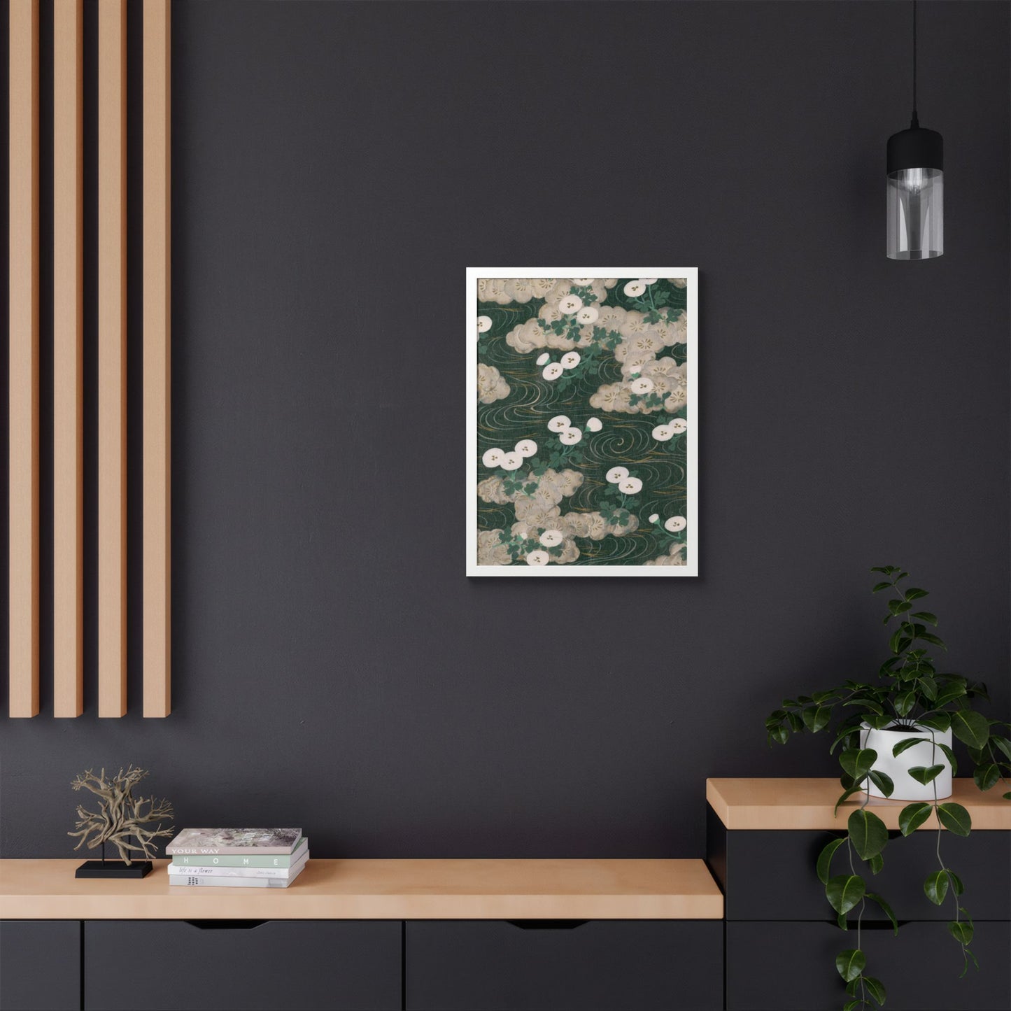 Elegant Green Chiyogami Framed Poster - Vintage Japanese Floral & Flowing Water Wall Art