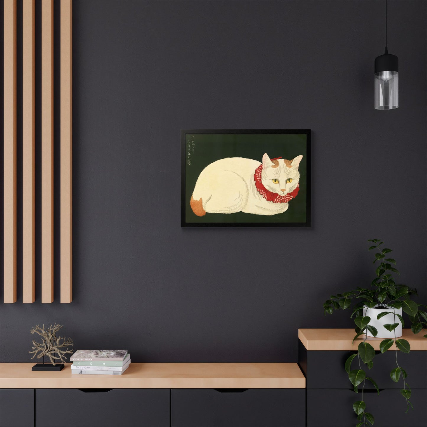 White Cat Japanese Woodblock Framed Poster – Nihon Fukei Senshu Vol.6, 1924