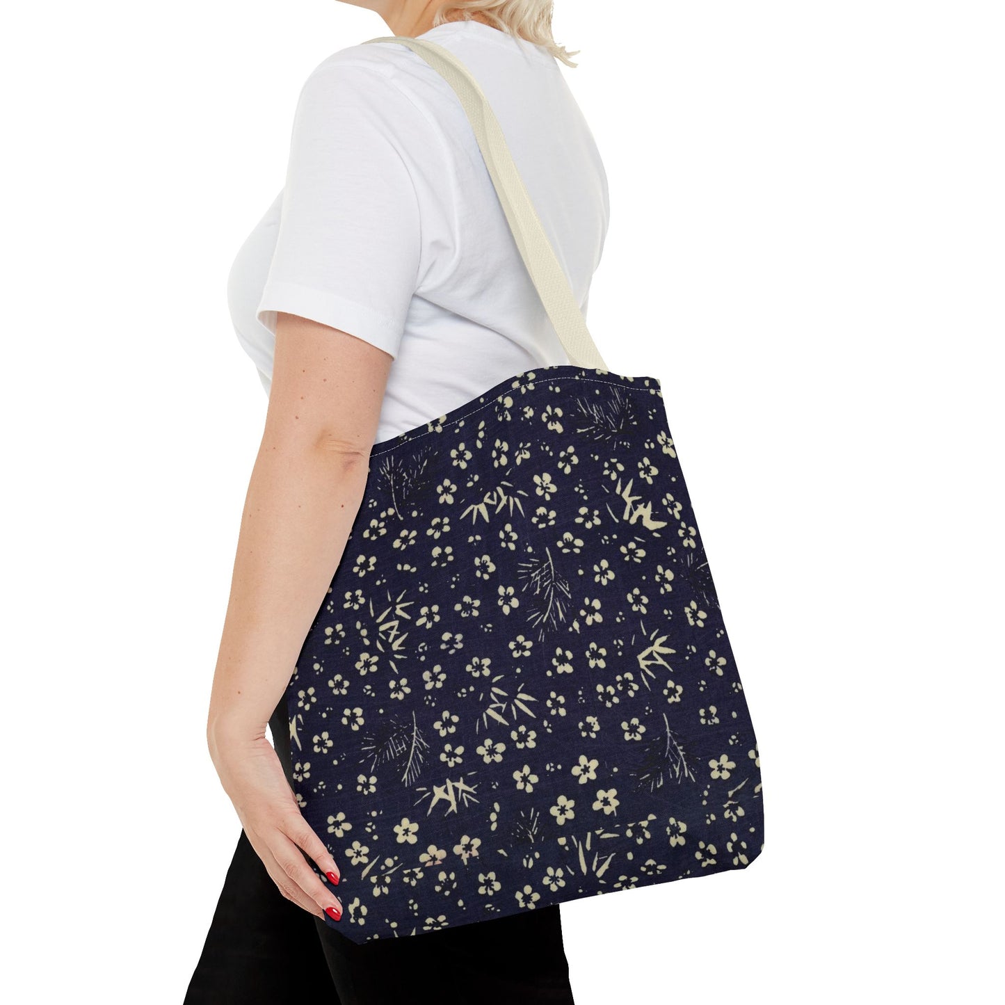 Taisho Era Shochikubai Tote Bag | 1926 Pine Bamboo Plum Japanese Chiyogami Art | Navy Floral