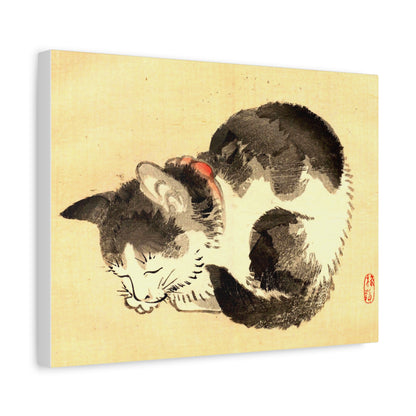 Sleeping Cat Vintage Sumi-e Canvas Print — Japanese Ink Cat Wall Art