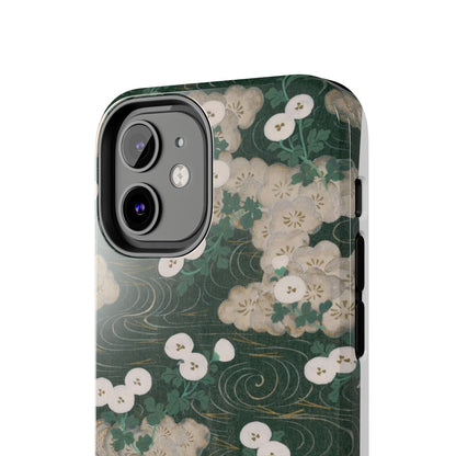Meiji Era Flowing Water & White Flower Phone Case | 1901 Illustrated Compendium of 100 Designs | Forest Green Japanese Art