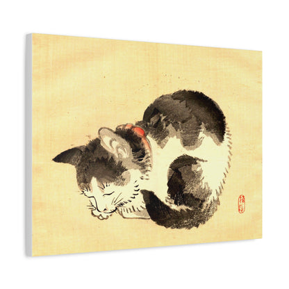 Sleeping Cat Vintage Sumi-e Canvas Print — Japanese Ink Cat Wall Art