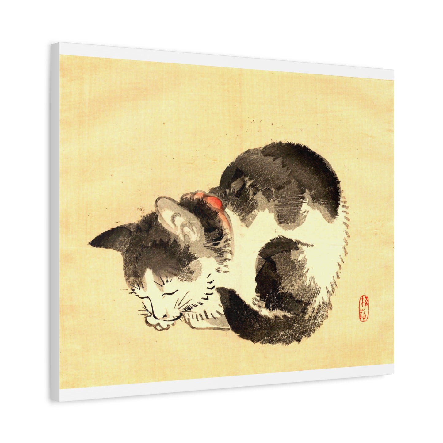 Sleeping Cat Vintage Sumi-e Canvas Print — Japanese Ink Cat Wall Art