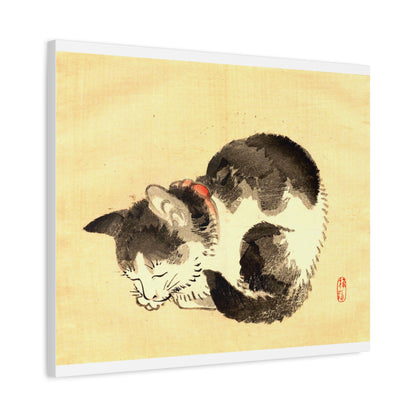 Sleeping Cat Vintage Sumi-e Canvas Print — Japanese Ink Cat Wall Art
