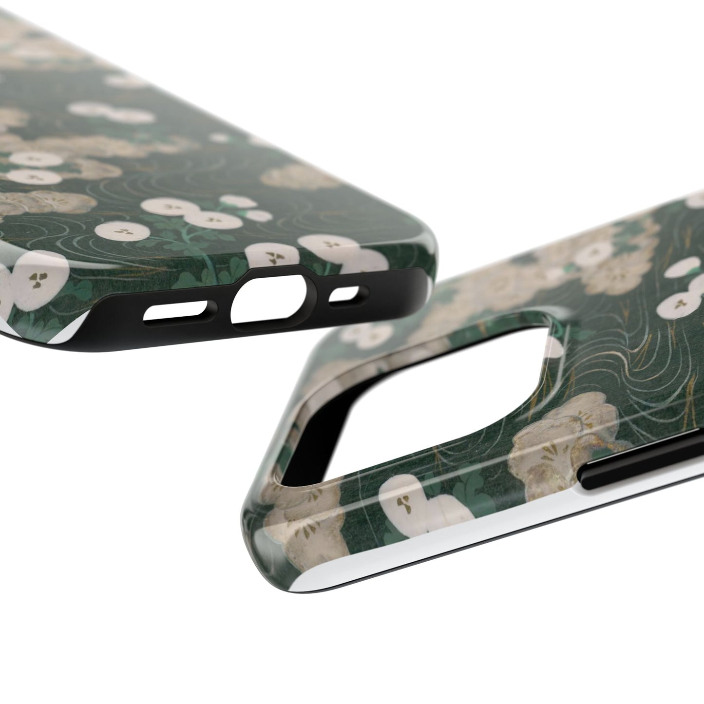 Meiji Era Flowing Water & White Flower Phone Case | 1901 Illustrated Compendium of 100 Designs | Forest Green Japanese Art