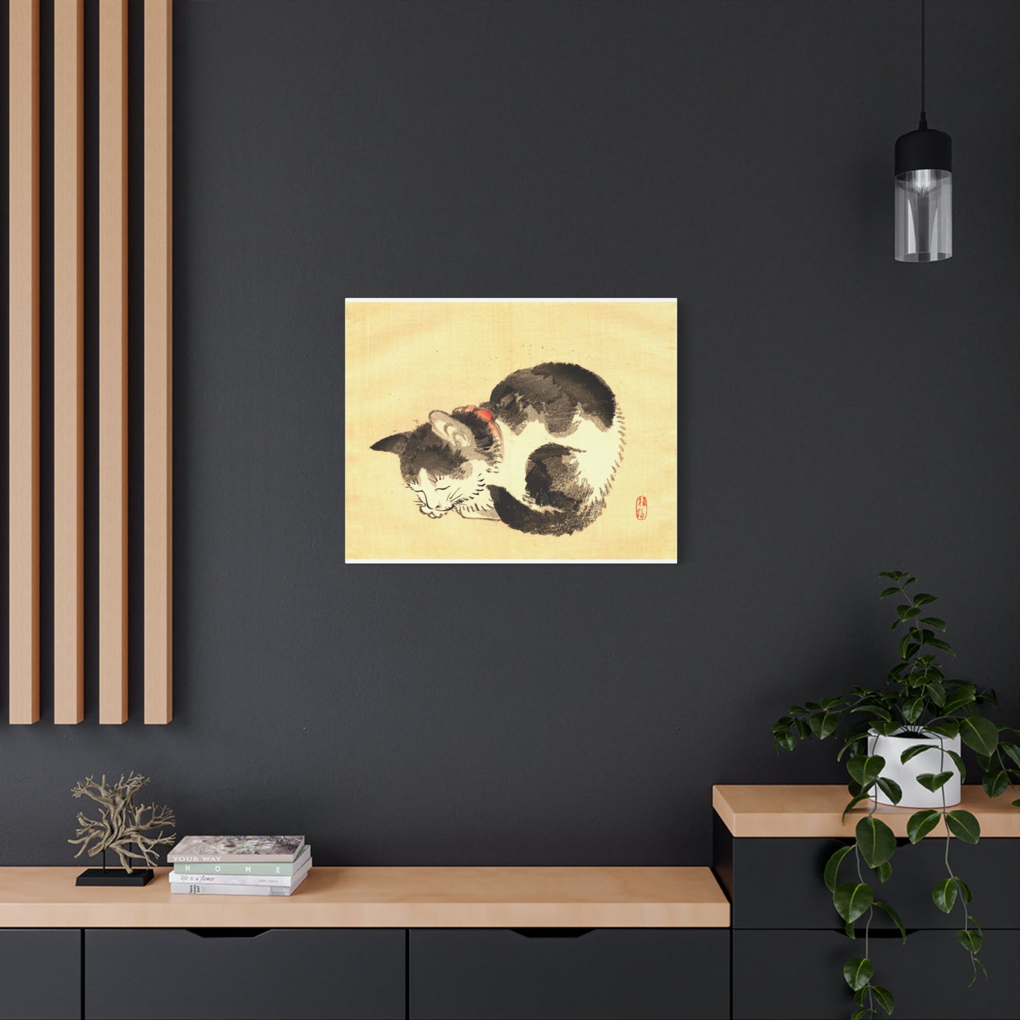 Sleeping Cat Vintage Sumi-e Canvas Print — Japanese Ink Cat Wall Art