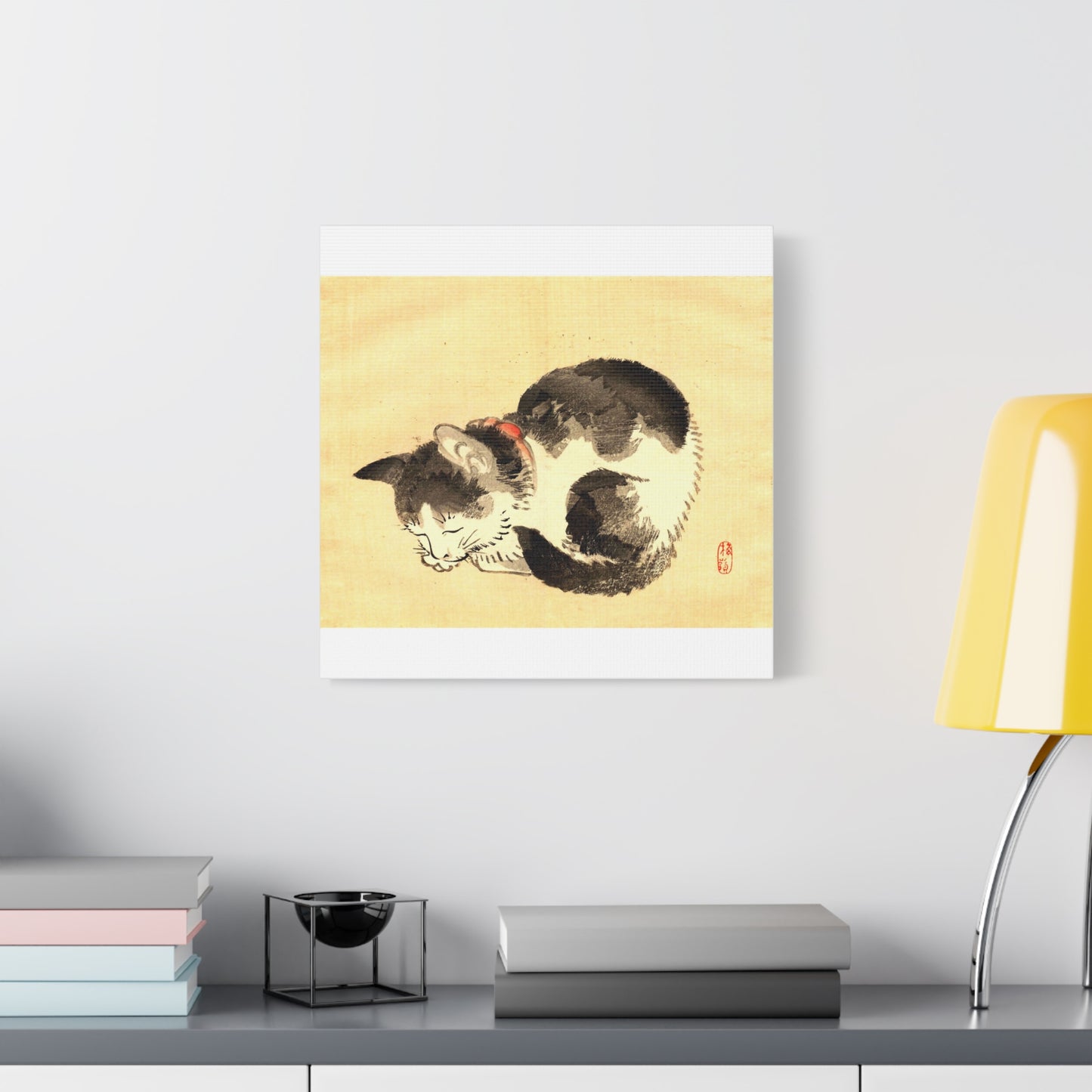 Sleeping Cat Vintage Sumi-e Canvas Print — Japanese Ink Cat Wall Art