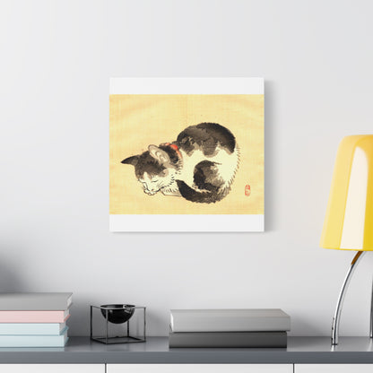 Sleeping Cat Vintage Sumi-e Canvas Print — Japanese Ink Cat Wall Art