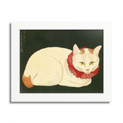 White Cat Japanese Woodblock Framed Poster – Nihon Fukei Senshu Vol.6, 1924