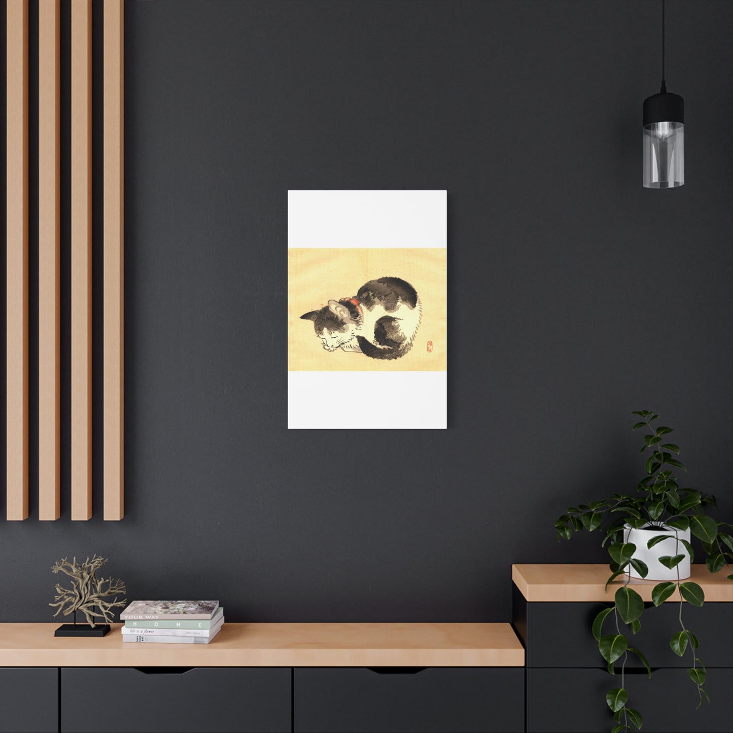 Sleeping Cat Vintage Sumi-e Canvas Print — Japanese Ink Cat Wall Art