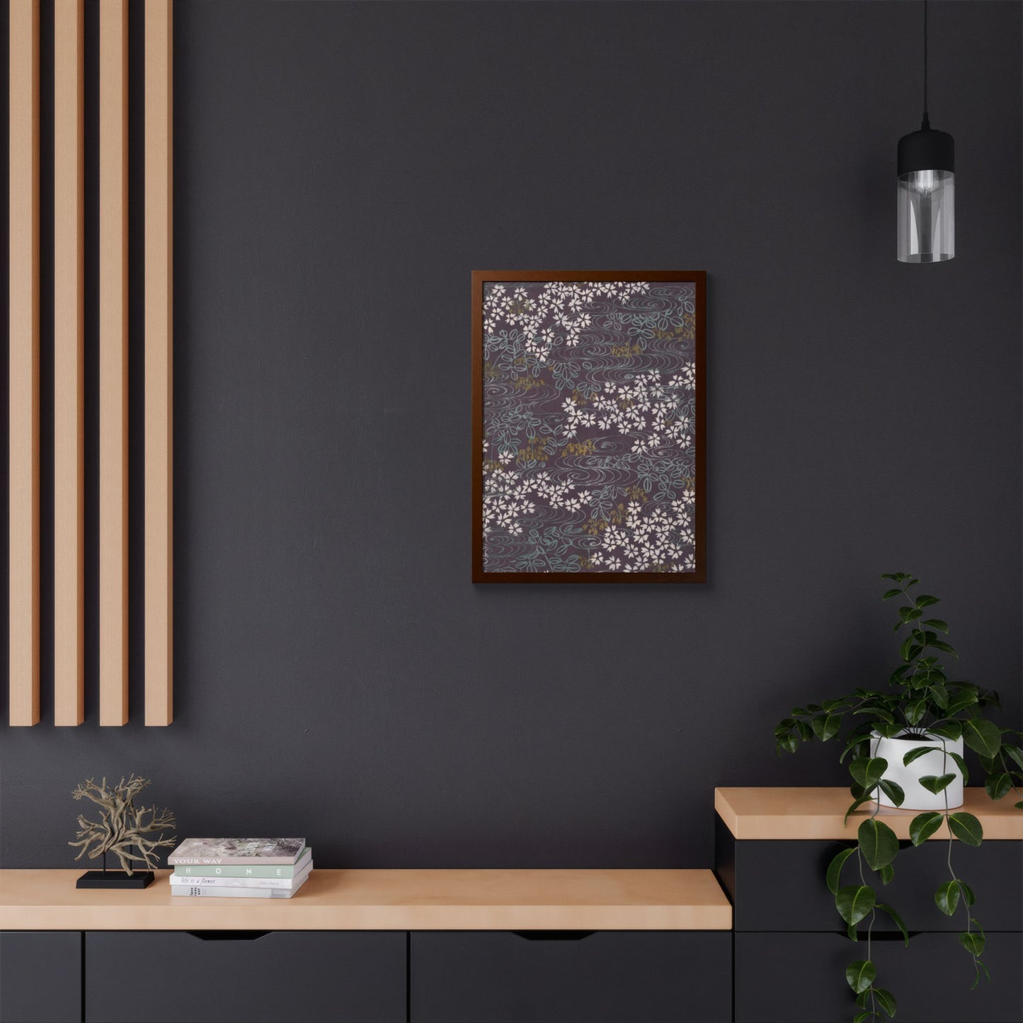 Antique Japanese Sakura River Framed Poster - Meiji Era Chiyogami Wall Art
