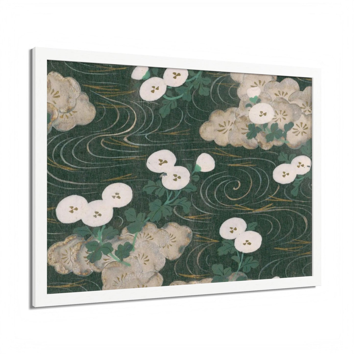 Elegant Green Chiyogami Framed Poster - Vintage Japanese Floral & Flowing Water Wall Art