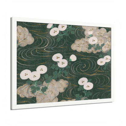 Elegant Green Chiyogami Framed Poster - Vintage Japanese Floral & Flowing Water Wall Art