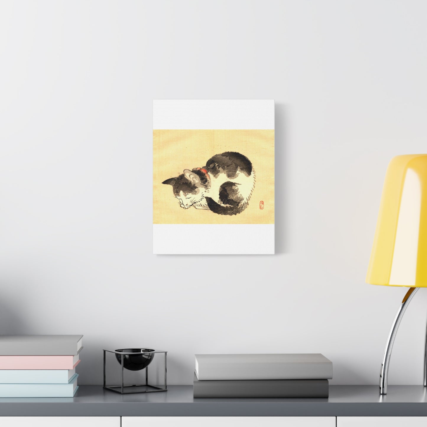 Sleeping Cat Vintage Sumi-e Canvas Print — Japanese Ink Cat Wall Art