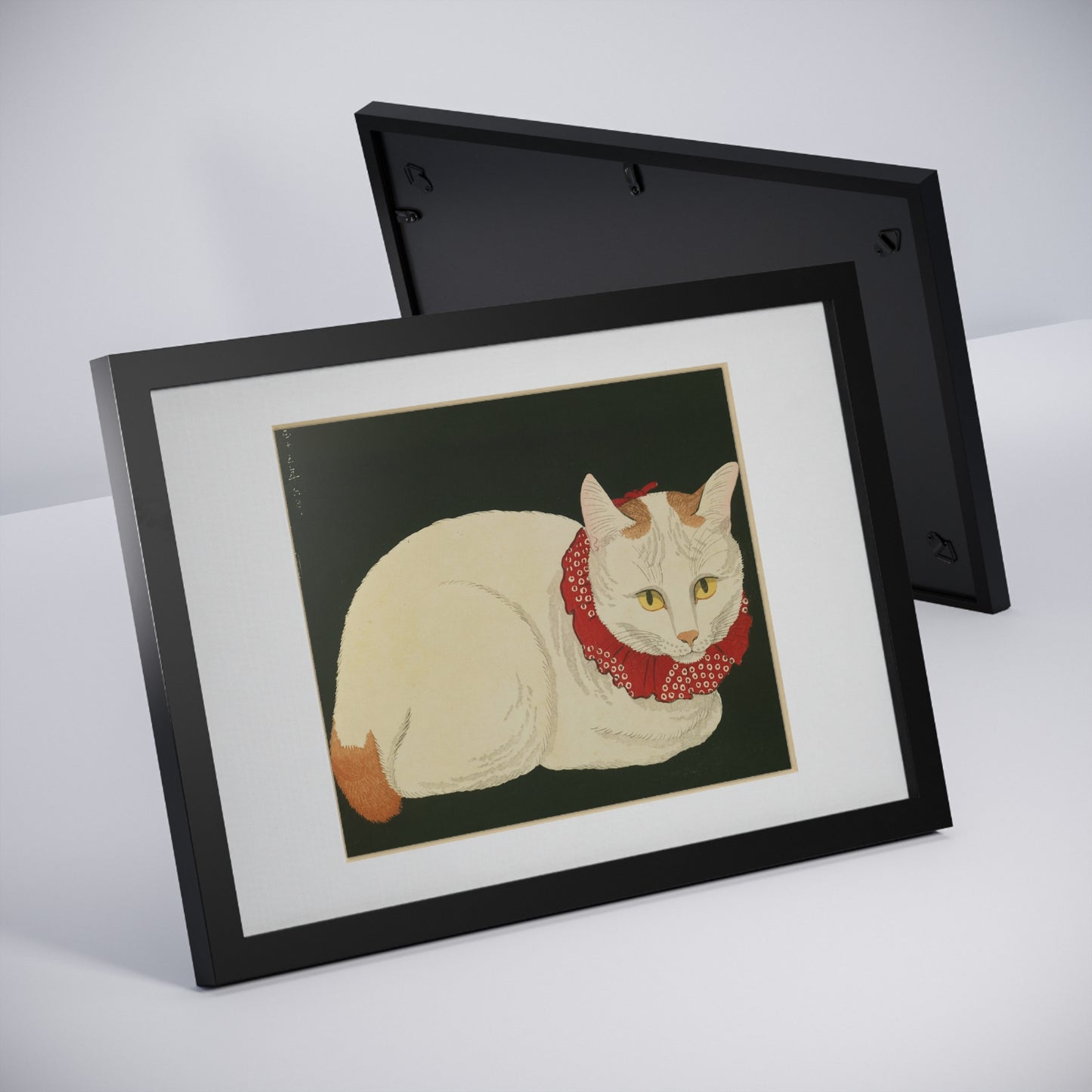 White Cat Japanese Woodblock Framed Poster – Nihon Fukei Senshu Vol.6, 1924
