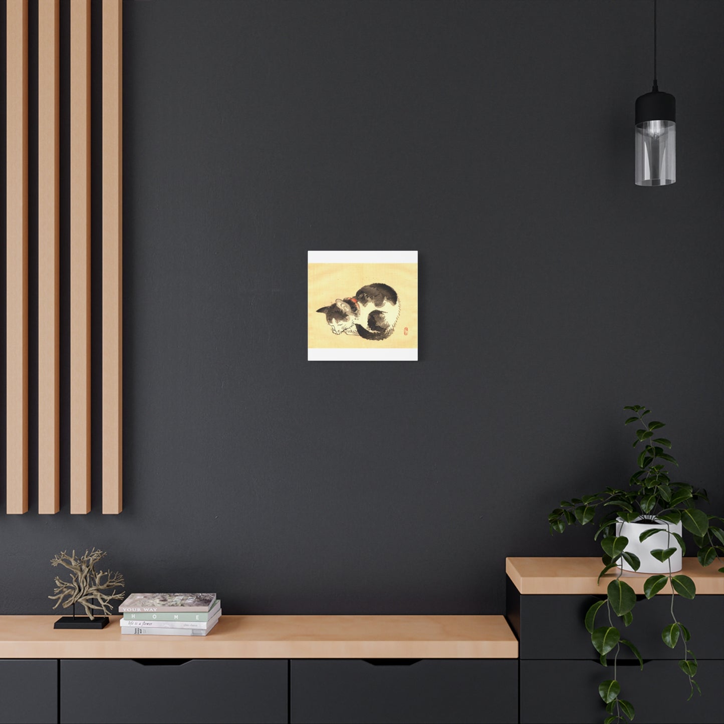 Sleeping Cat Vintage Sumi-e Canvas Print — Japanese Ink Cat Wall Art