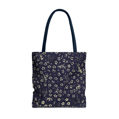 Taisho Era Shochikubai Tote Bag | 1926 Pine Bamboo Plum Japanese Chiyogami Art | Navy Floral