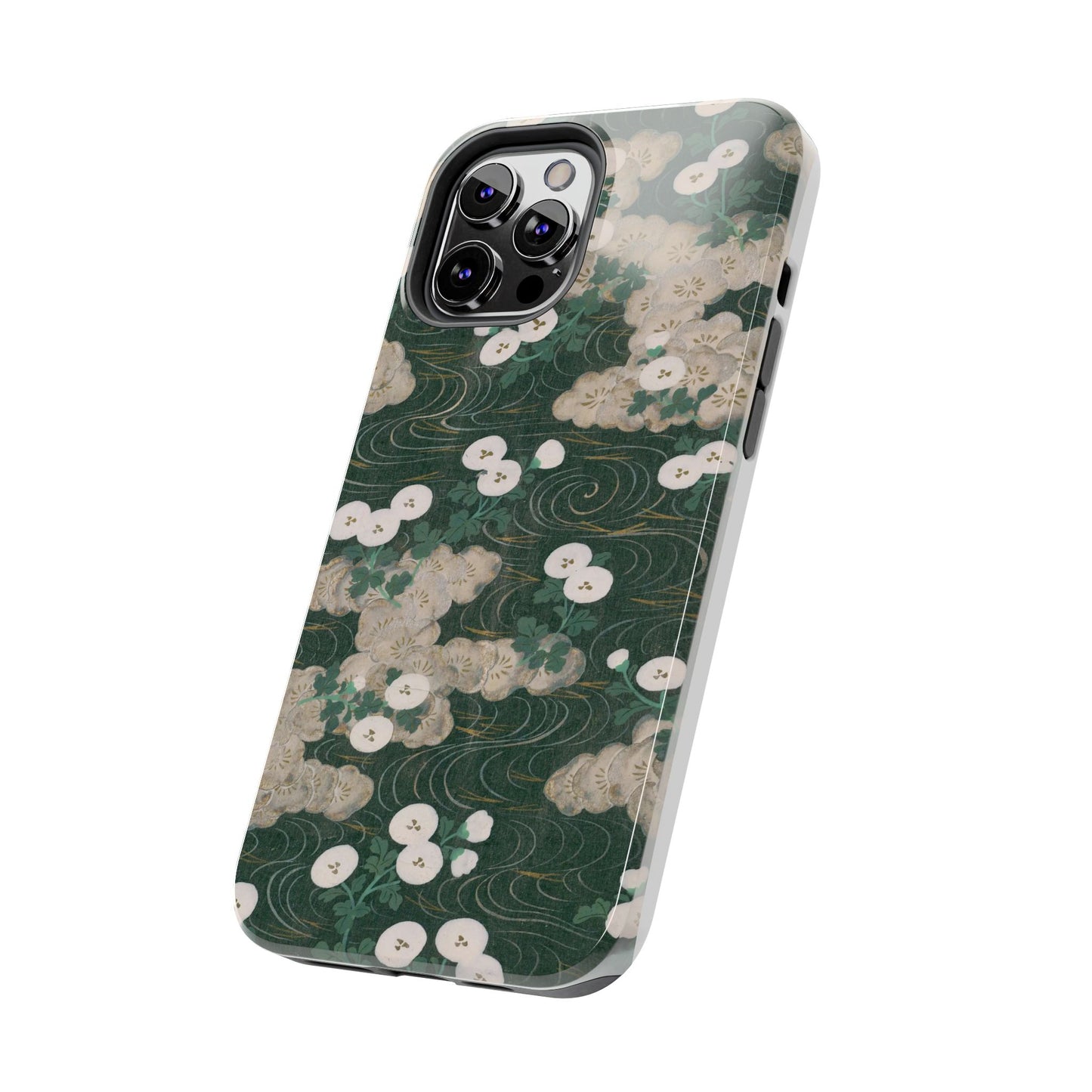 Meiji Era Flowing Water & White Flower Phone Case | 1901 Illustrated Compendium of 100 Designs | Forest Green Japanese Art