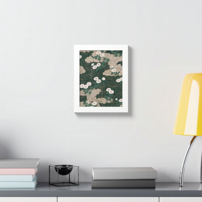 Elegant Green Chiyogami Framed Poster - Vintage Japanese Floral & Flowing Water Wall Art