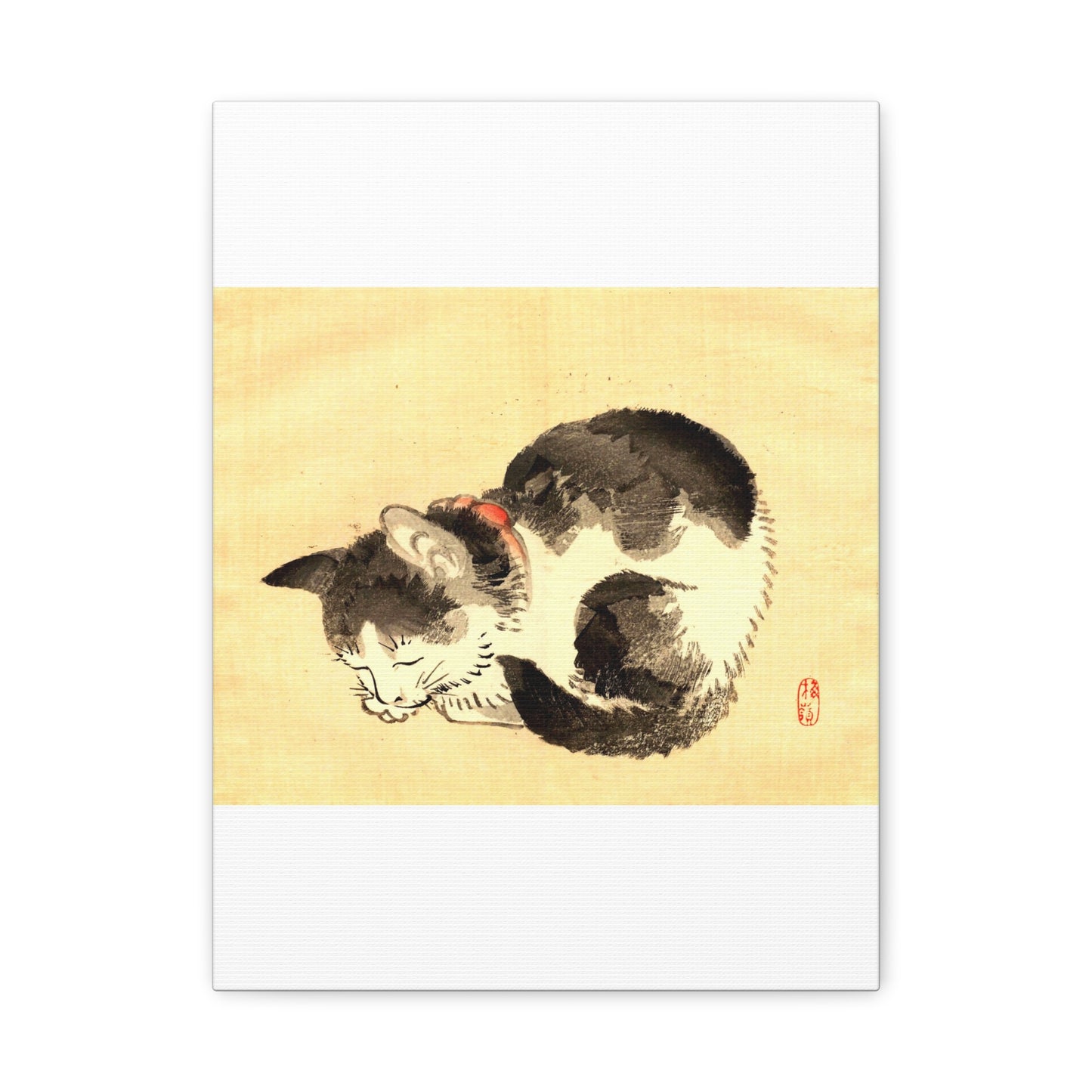 Sleeping Cat Vintage Sumi-e Canvas Print — Japanese Ink Cat Wall Art