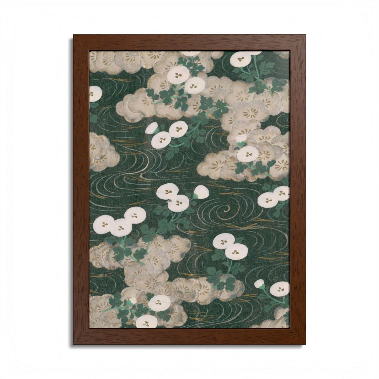 Elegant Green Chiyogami Framed Poster - Vintage Japanese Floral & Flowing Water Wall Art