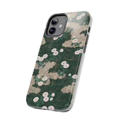 Meiji Era Flowing Water & White Flower Phone Case | 1901 Illustrated Compendium of 100 Designs | Forest Green Japanese Art