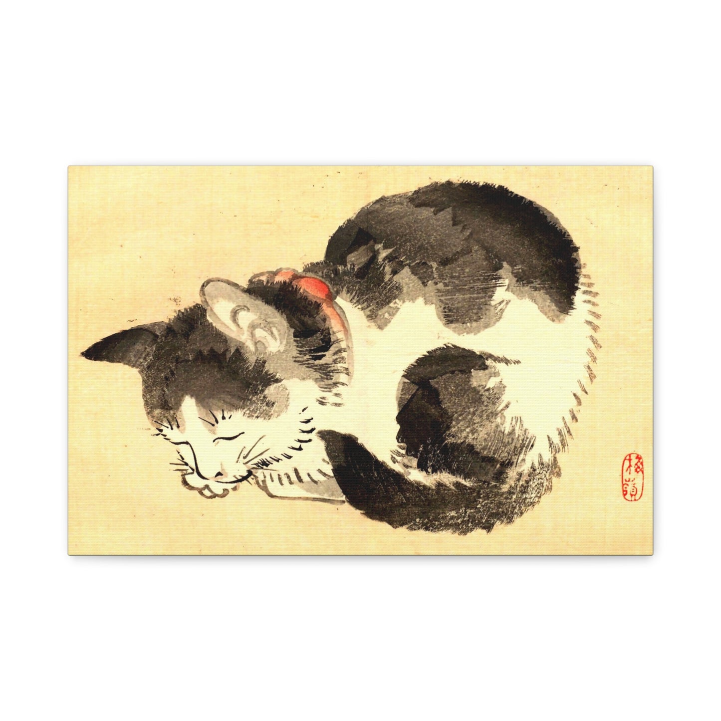 Sleeping Cat Vintage Sumi-e Canvas Print — Japanese Ink Cat Wall Art