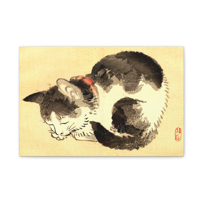 Sleeping Cat Vintage Sumi-e Canvas Print — Japanese Ink Cat Wall Art