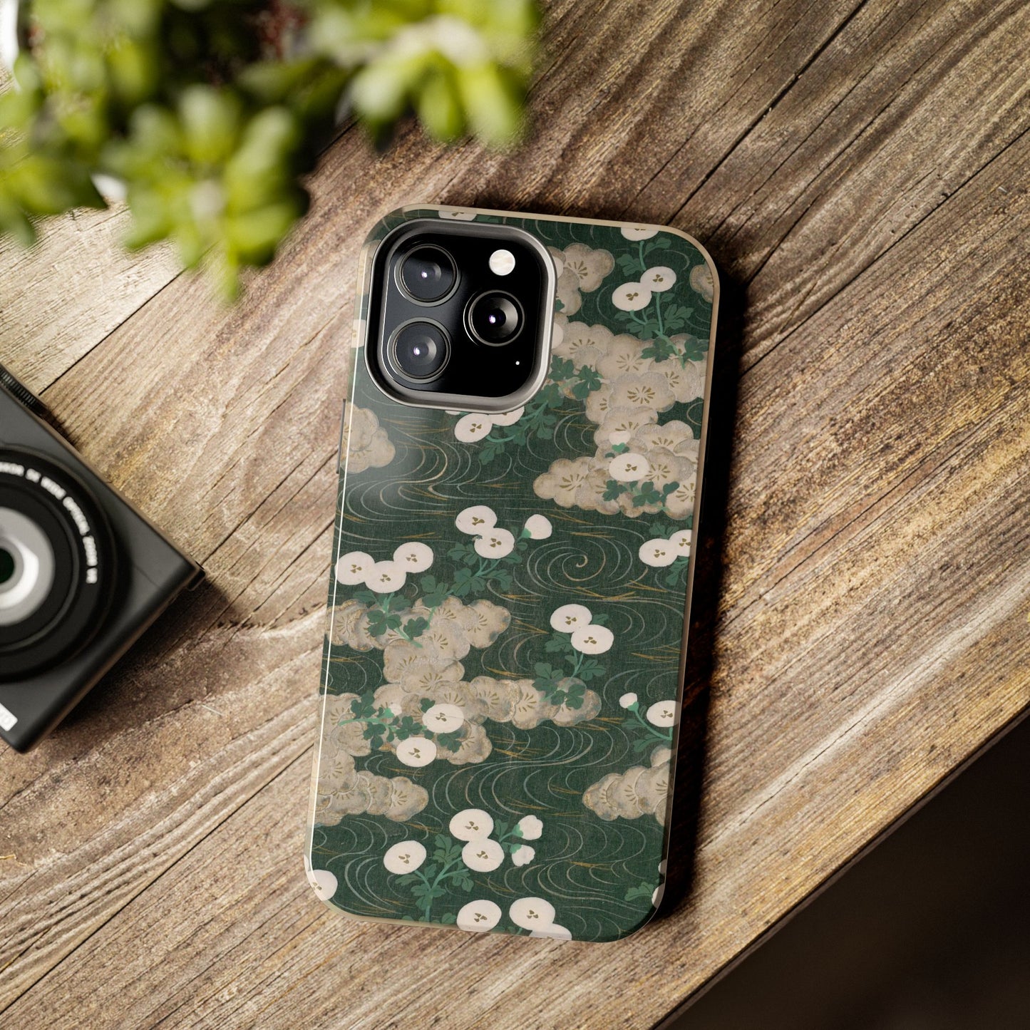 Meiji Era Flowing Water & White Flower Phone Case | 1901 Illustrated Compendium of 100 Designs | Forest Green Japanese Art
