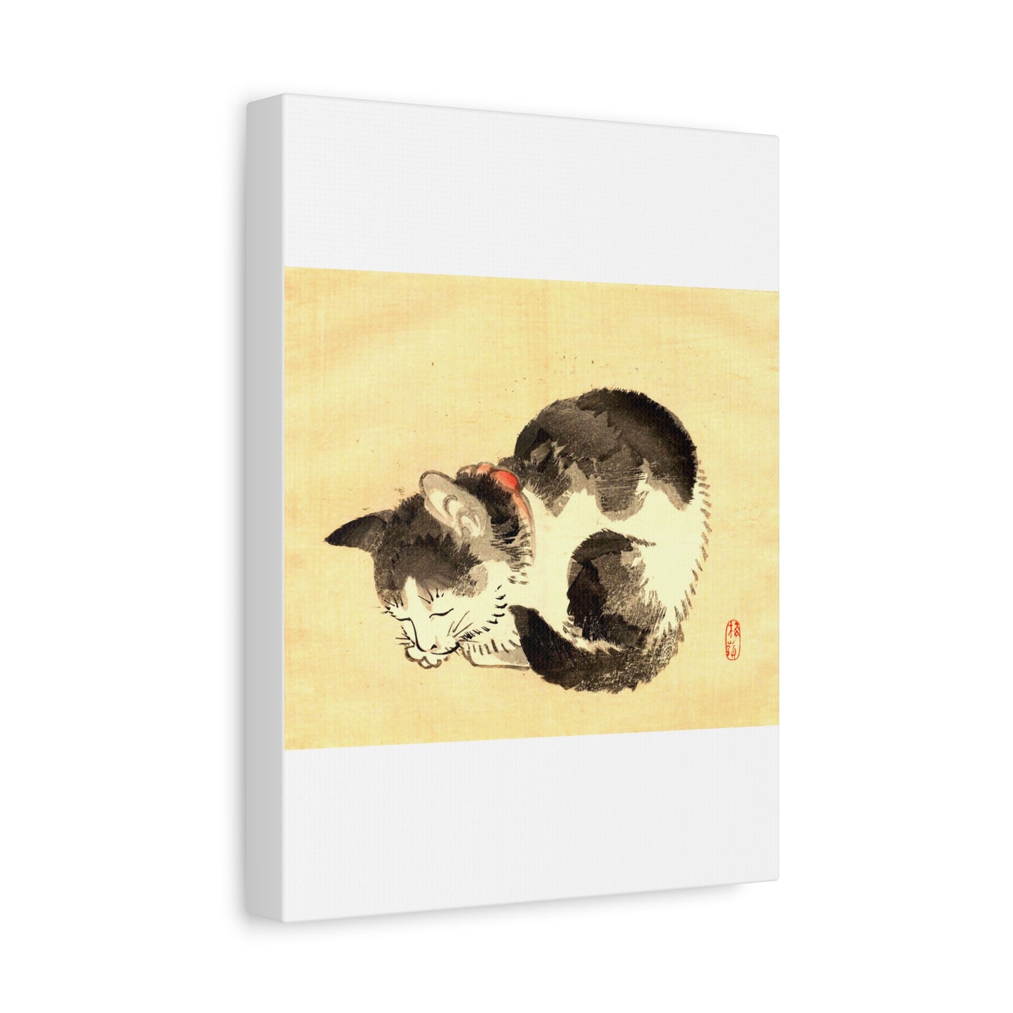 Sleeping Cat Vintage Sumi-e Canvas Print — Japanese Ink Cat Wall Art