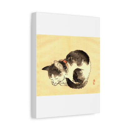 Sleeping Cat Vintage Sumi-e Canvas Print — Japanese Ink Cat Wall Art