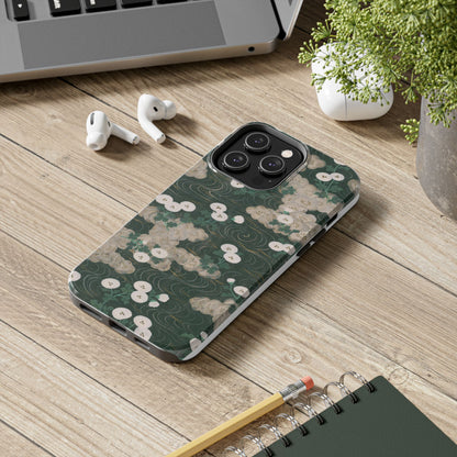 Meiji Era Flowing Water & White Flower Phone Case | 1901 Illustrated Compendium of 100 Designs | Forest Green Japanese Art