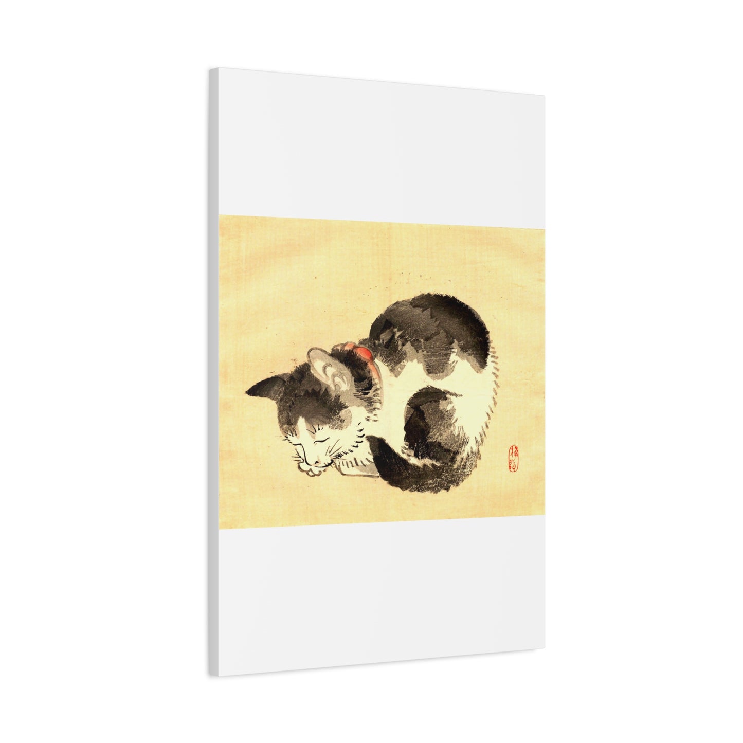 Sleeping Cat Vintage Sumi-e Canvas Print — Japanese Ink Cat Wall Art