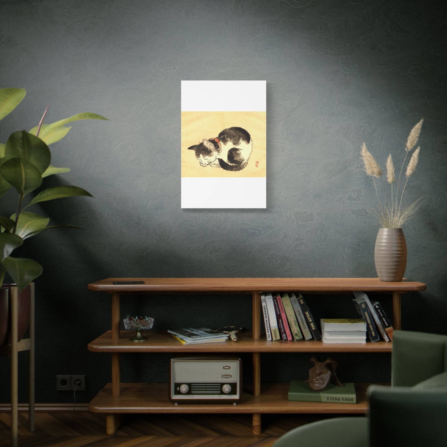 Sleeping Cat Vintage Sumi-e Canvas Print — Japanese Ink Cat Wall Art