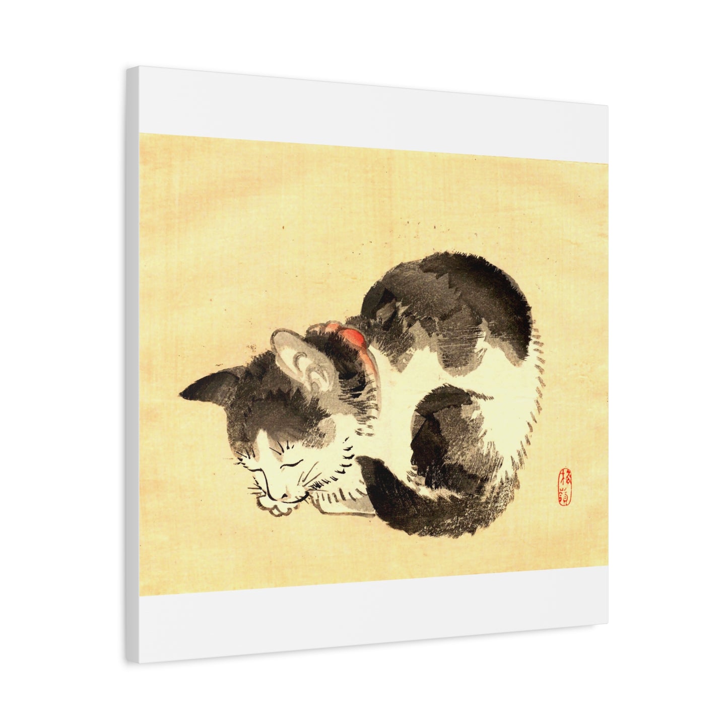 Sleeping Cat Vintage Sumi-e Canvas Print — Japanese Ink Cat Wall Art