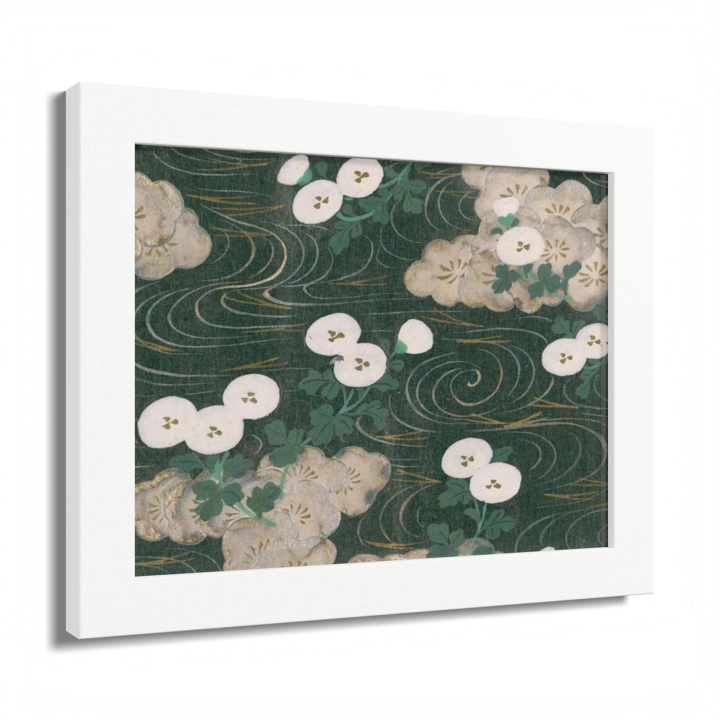 Elegant Green Chiyogami Framed Poster - Vintage Japanese Floral & Flowing Water Wall Art