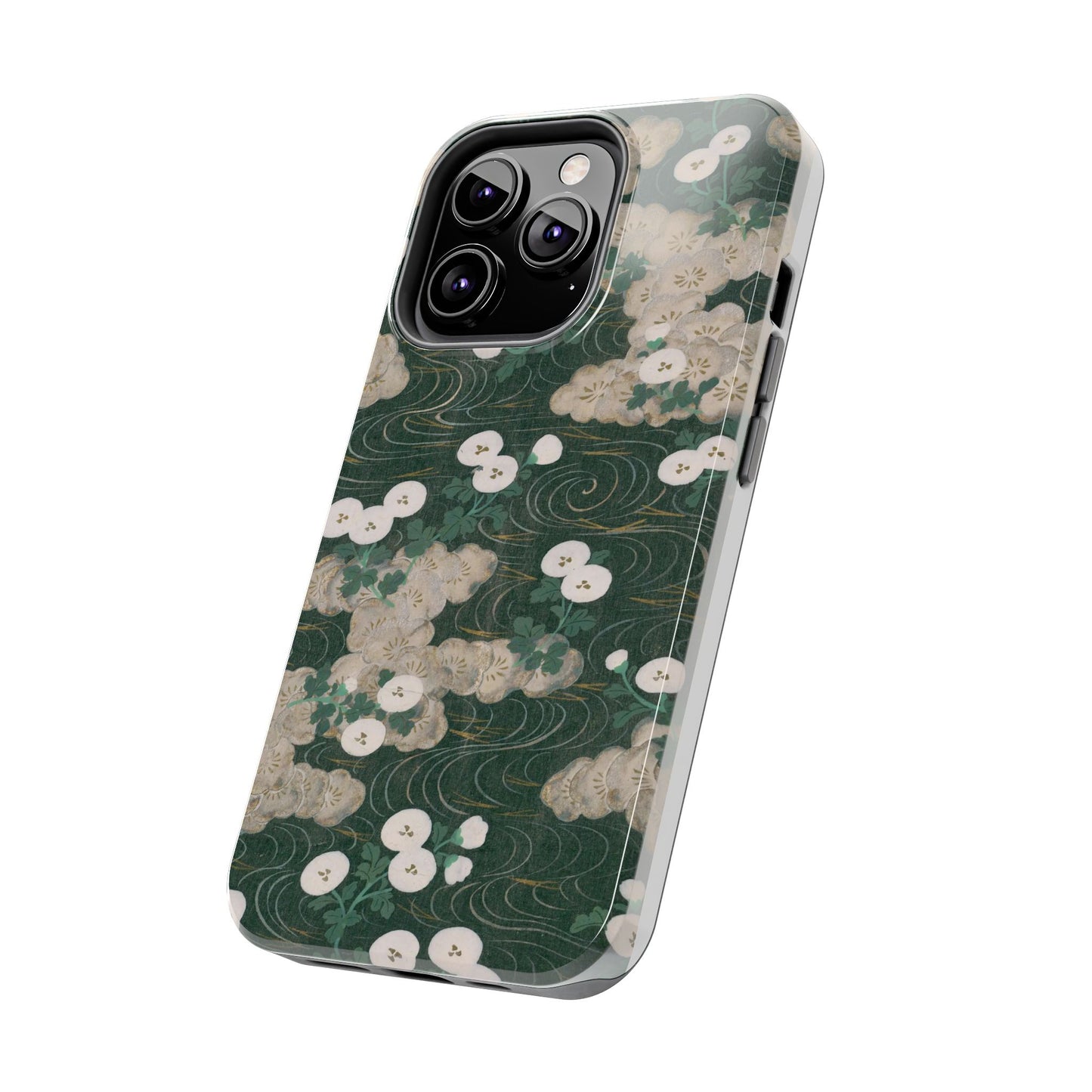 Meiji Era Flowing Water & White Flower Phone Case | 1901 Illustrated Compendium of 100 Designs | Forest Green Japanese Art