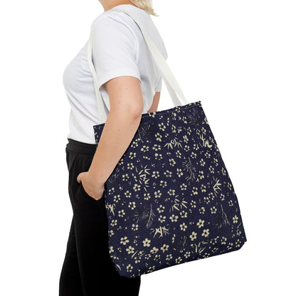 Taisho Era Shochikubai Tote Bag | 1926 Pine Bamboo Plum Japanese Chiyogami Art | Navy Floral