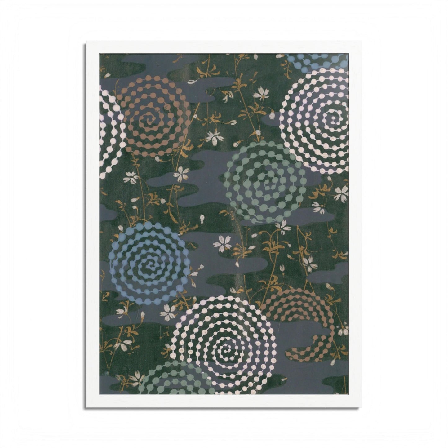 Antique Japanese Spiral & Hanabi Framed Poster - Meiji Era Traditional Pattern Wall Art