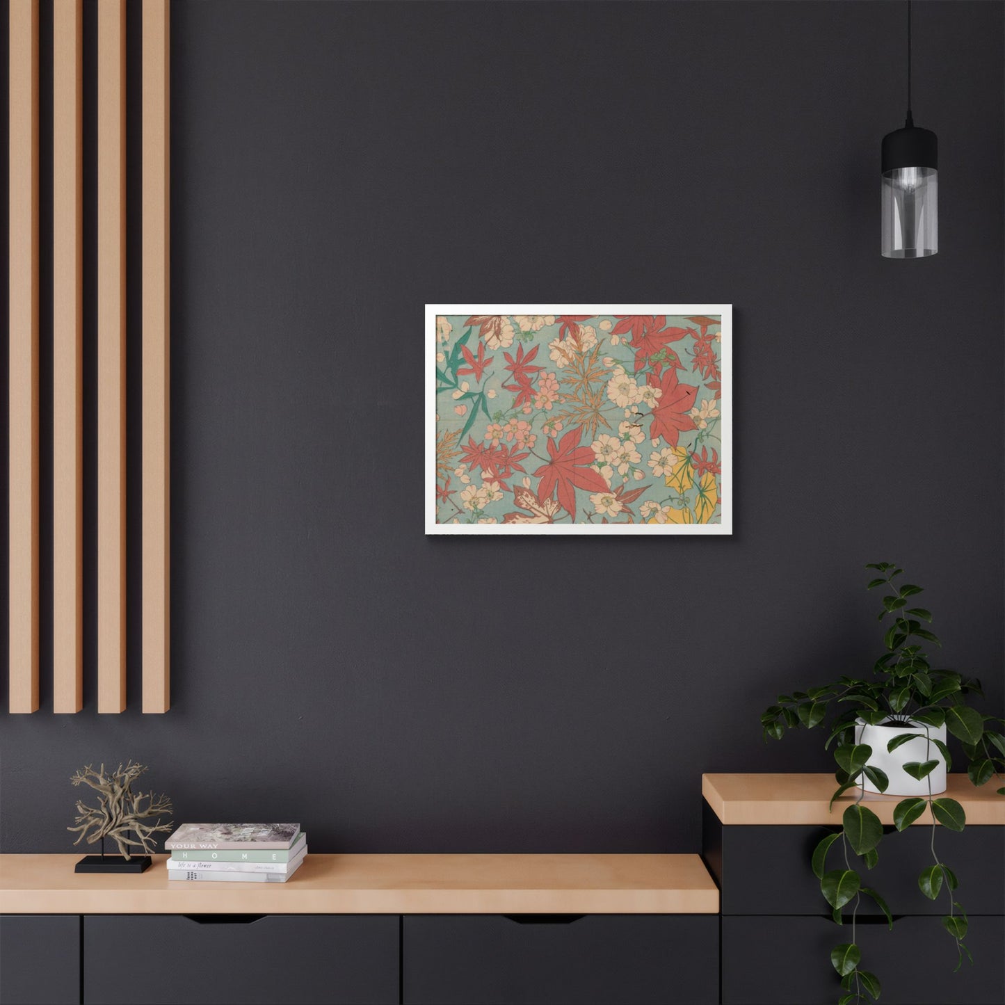 Antique Japanese Maple & Autumn Bloom Framed Poster - Meiji Era Nishikishu Wall Art