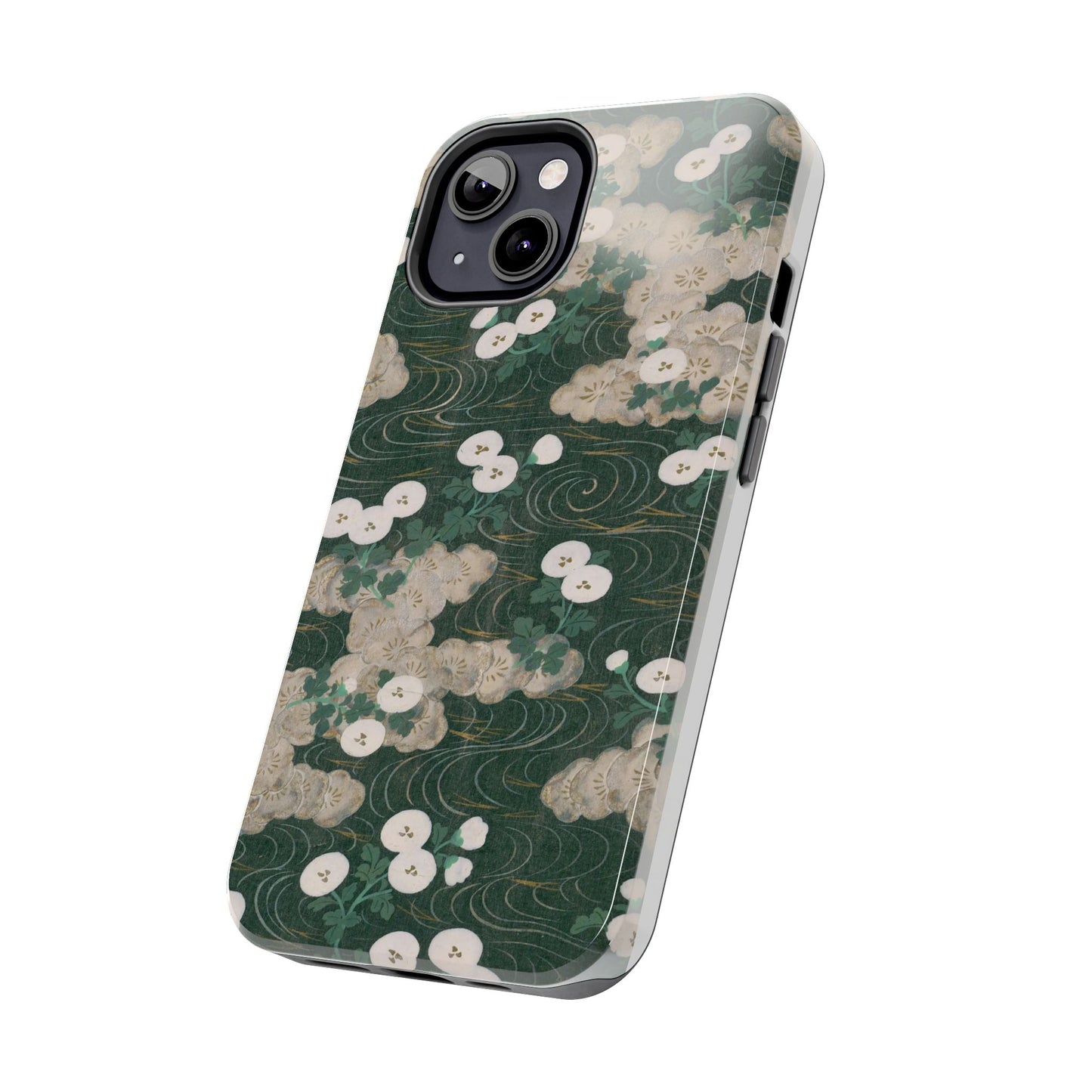 Meiji Era Flowing Water & White Flower Phone Case | 1901 Illustrated Compendium of 100 Designs | Forest Green Japanese Art