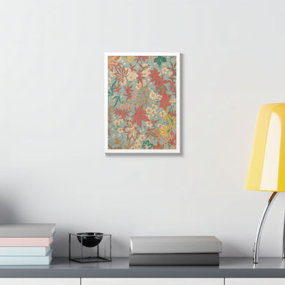Antique Japanese Maple & Autumn Bloom Framed Poster - Meiji Era Nishikishu Wall Art