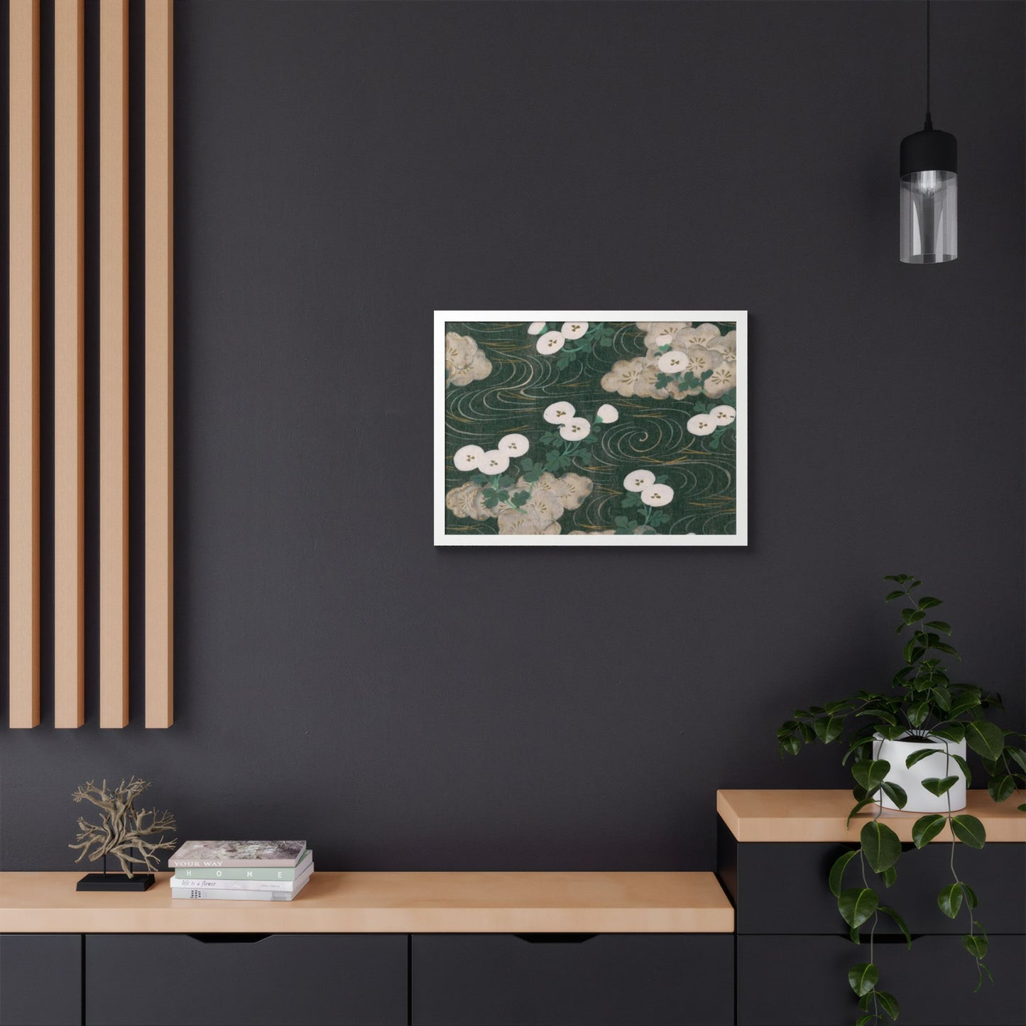 Elegant Green Chiyogami Framed Poster - Vintage Japanese Floral & Flowing Water Wall Art