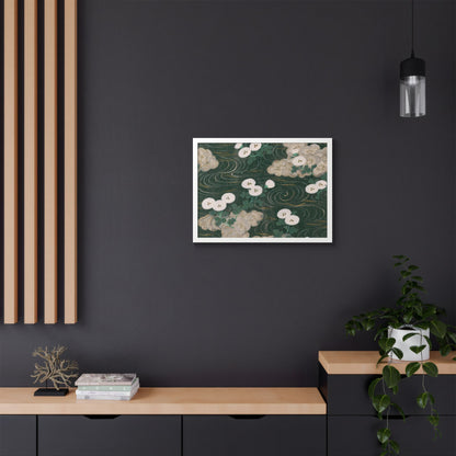 Elegant Green Chiyogami Framed Poster - Vintage Japanese Floral & Flowing Water Wall Art