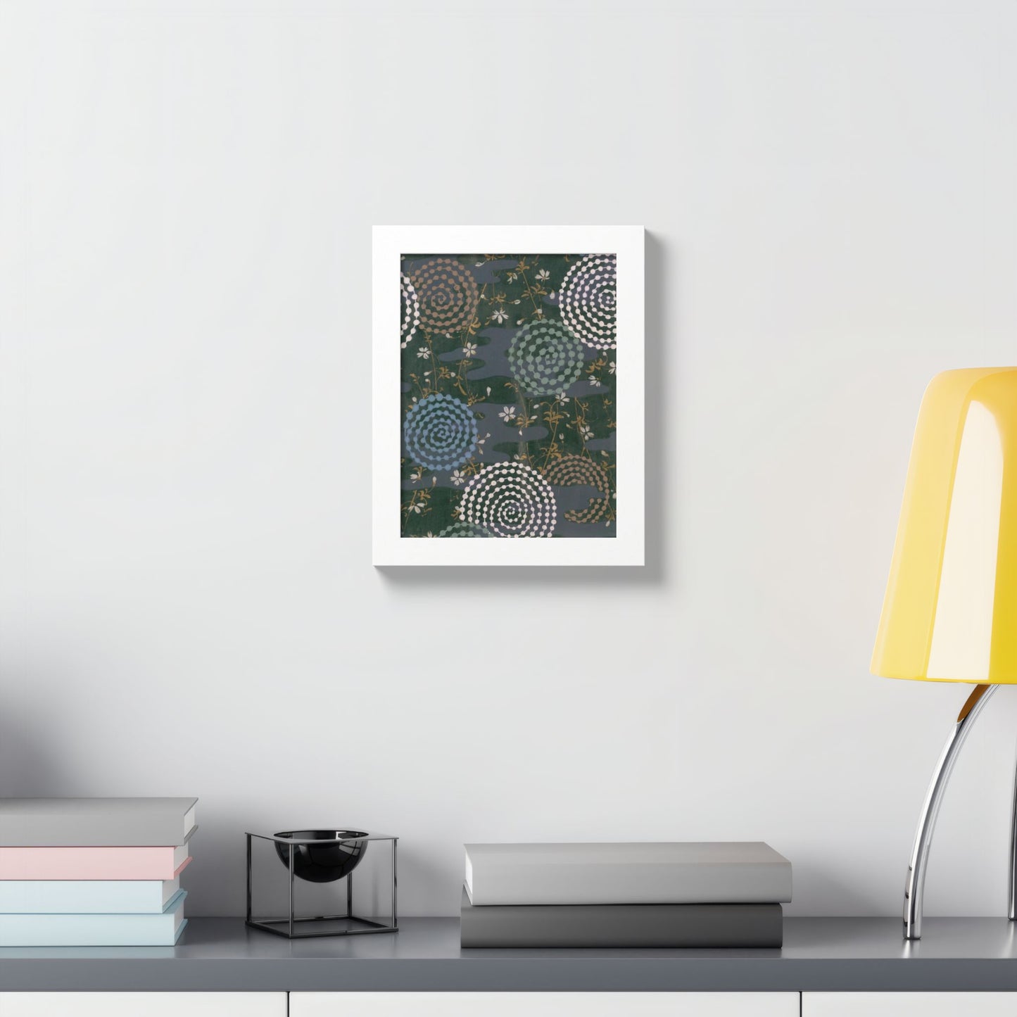 Antique Japanese Spiral & Hanabi Framed Poster - Meiji Era Traditional Pattern Wall Art
