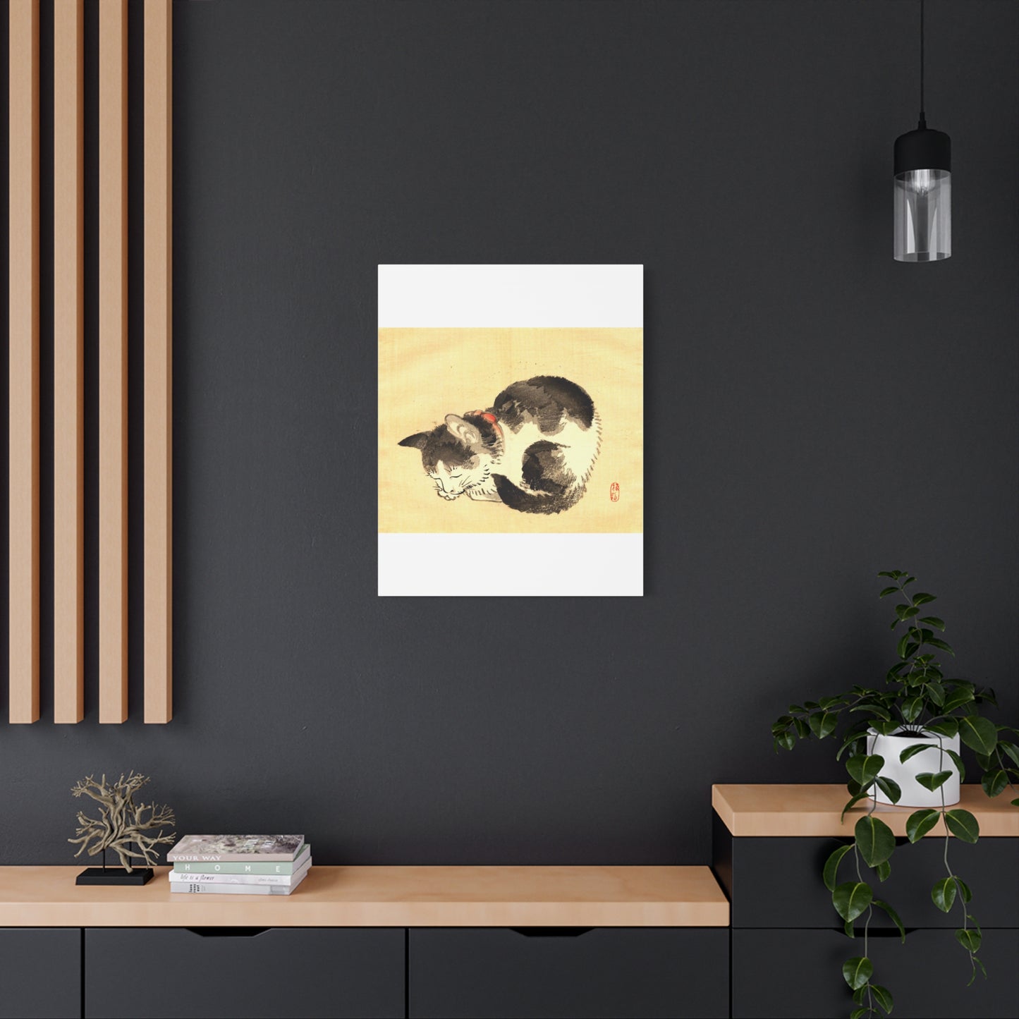 Sleeping Cat Vintage Sumi-e Canvas Print — Japanese Ink Cat Wall Art