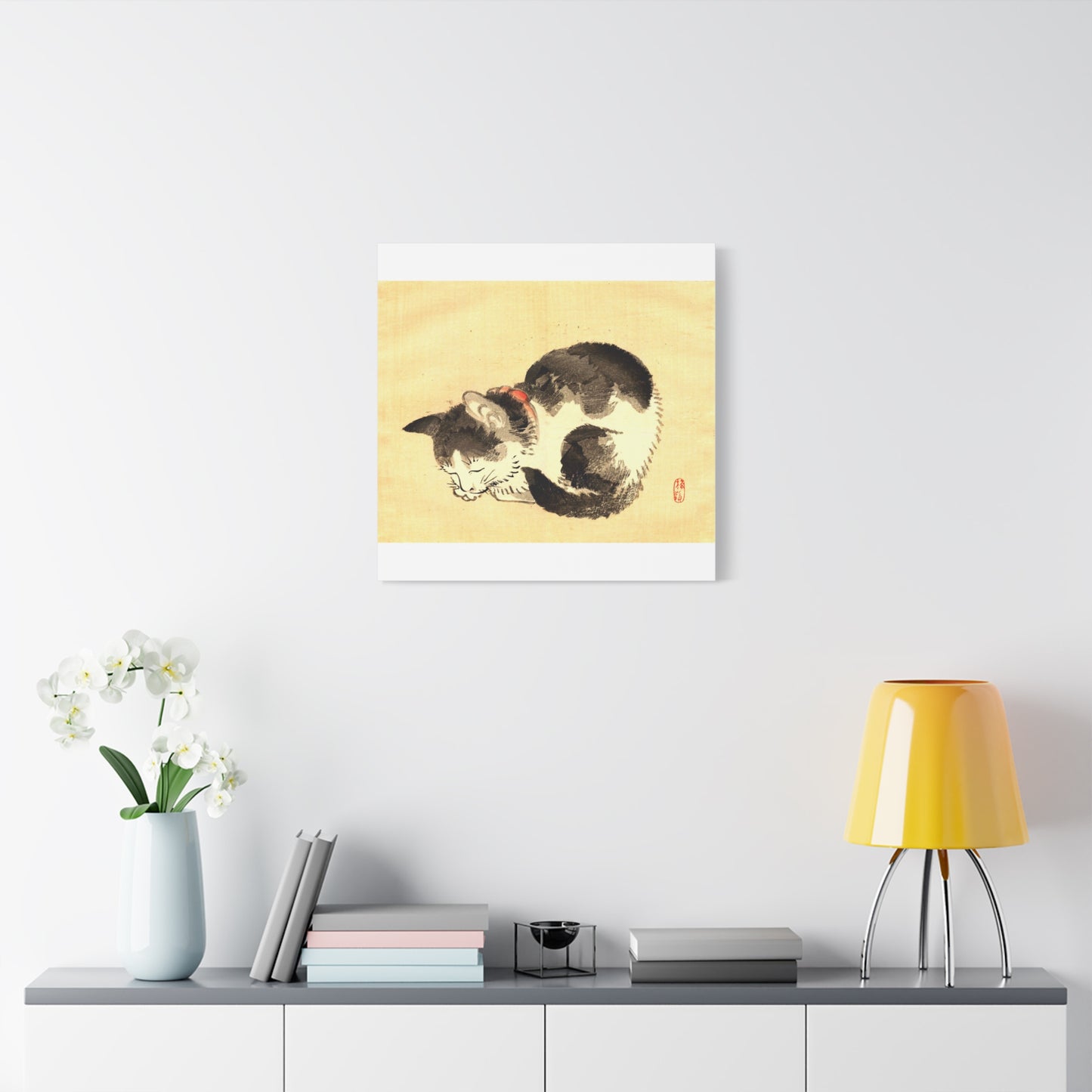 Sleeping Cat Vintage Sumi-e Canvas Print — Japanese Ink Cat Wall Art
