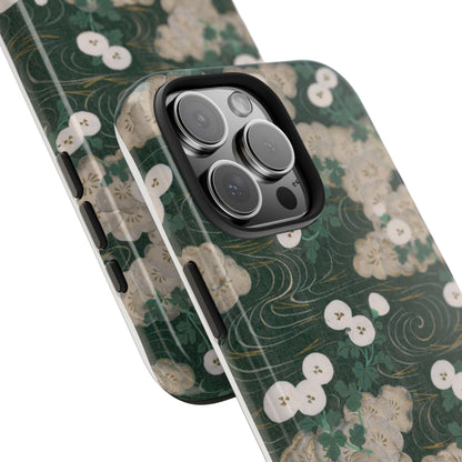 Meiji Era Flowing Water & White Flower Phone Case | 1901 Illustrated Compendium of 100 Designs | Forest Green Japanese Art