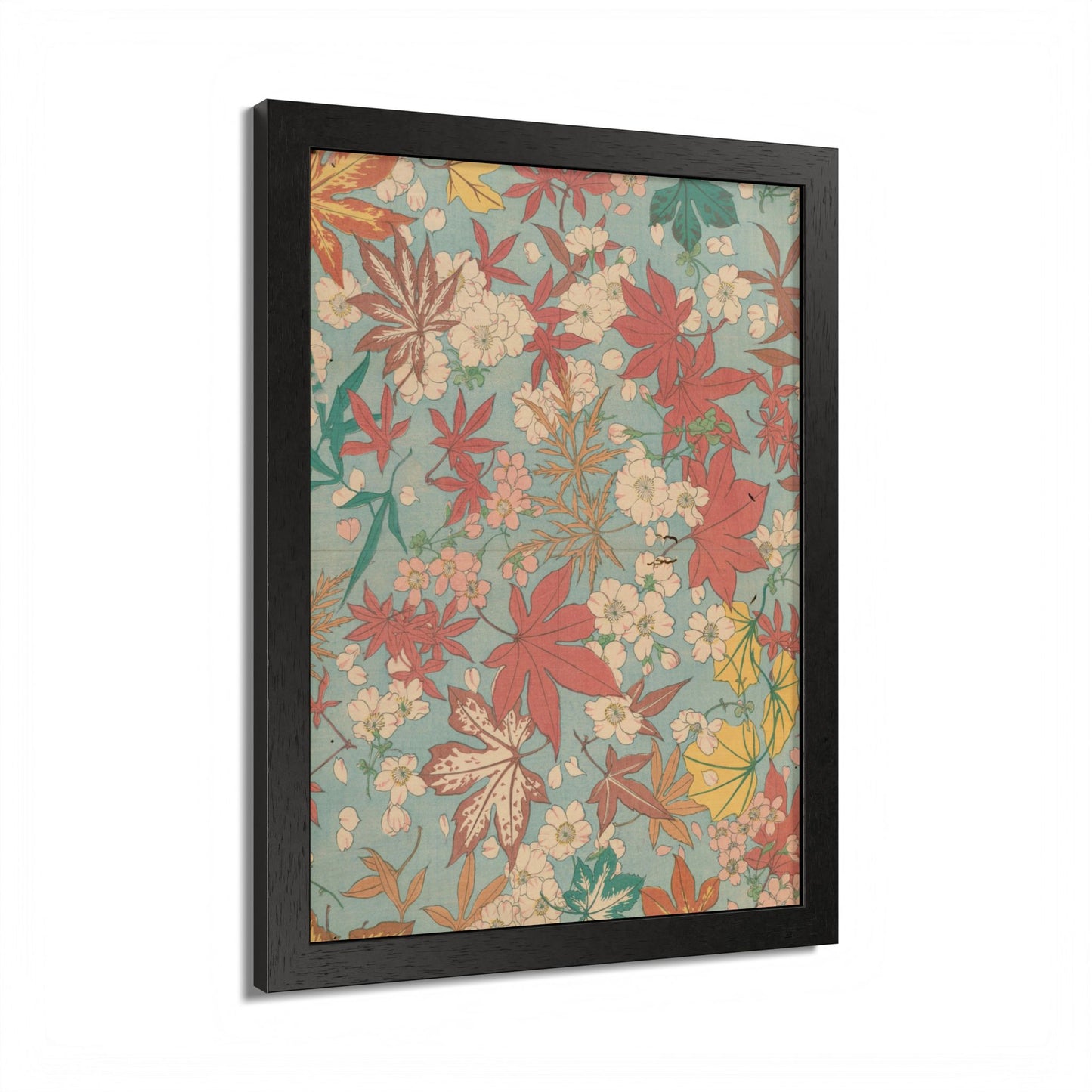 Antique Japanese Maple & Autumn Bloom Framed Poster - Meiji Era Nishikishu Wall Art