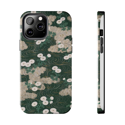 Meiji Era Flowing Water & White Flower Phone Case | 1901 Illustrated Compendium of 100 Designs | Forest Green Japanese Art